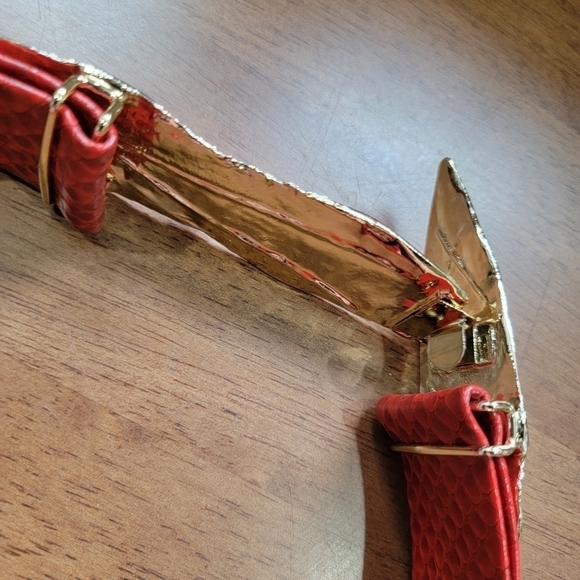 Vintage Red Faux Snakeskin Belt with Gold Tone Metal Leaves - Picture 9 of 16
